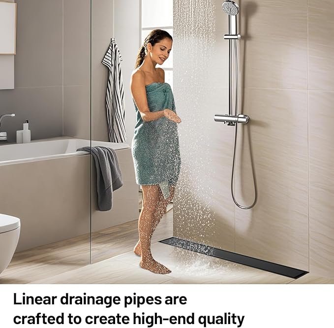 Linear Shower Drain, 304 Stainless Steel with Adjustable Leveling Feet, Hair Strainer,Reversely Install Place to Create an Invisible Floor Drain - Black -54-Inch