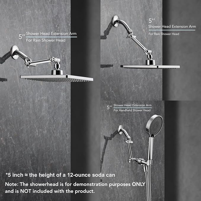 5 Inch Adjustable Shower Head Extension Arm, With Locking Set Screw, Singing Rain Brass Chrome Angle Height Adjustable, Easy To Install, G1/2 Universal Connector Compatible (Chrome Finish)