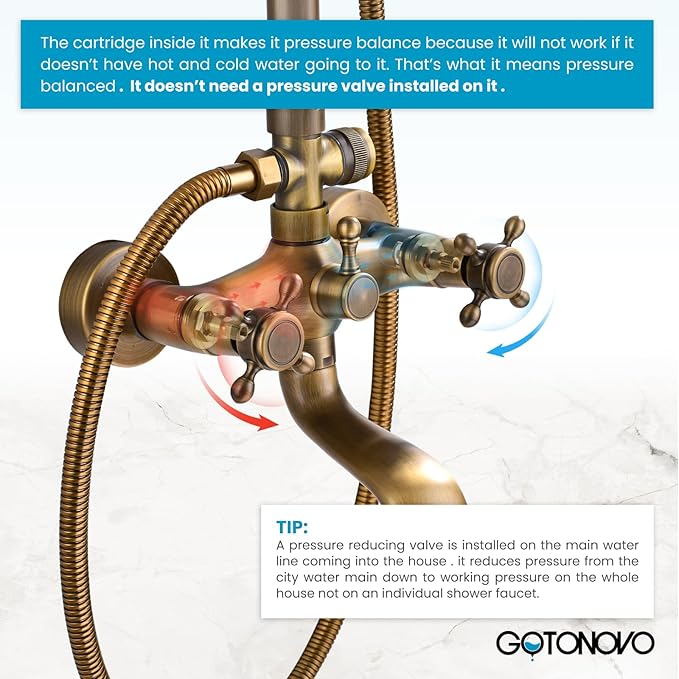 gotonovo Exposed Bathroom Shower System Classic Shower Kit 8 Inch Luxurious Rainfall Shower Head Handheld Spray Tub Filler Brass Pipe 3-Function Wall Mount Double Cross Knobs Antique Brass