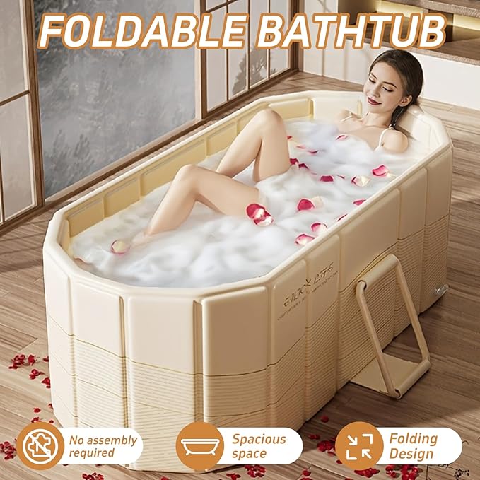 47" Portable Insulated Ice Bath Tub - Foldable Cold Plunge Tub for Athletes & Full-Body Soak - Quick Setup Freestanding Hot Spa Soaking Bathtub for Adults