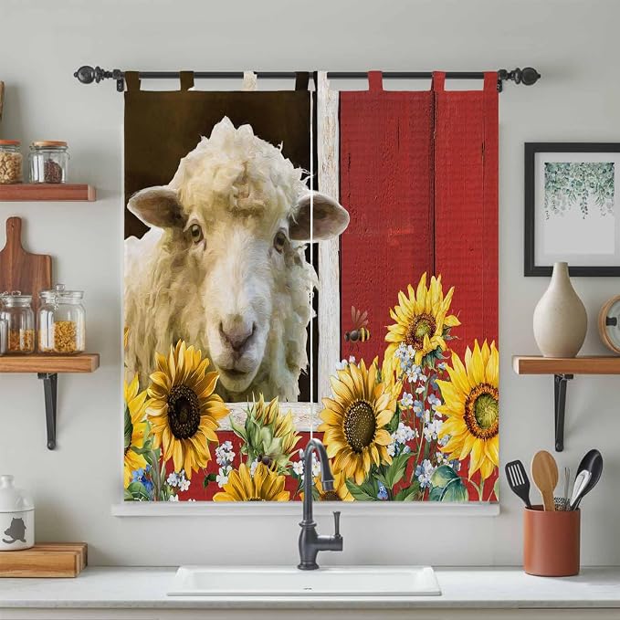 Sheep Flowers Bathroom Curtains 63 Inch Length, Window Curtains Tab Top - Image 3