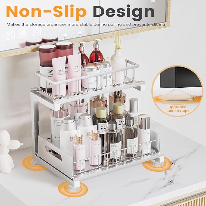 2 Pack Under Sink Organizer, Heavy Duty Meta Slide Out Sink Shelf Organizer Height Adjustable, Multi-Purpose Storage Shelf for Kitchen Bathroom (Silver,2Pack)