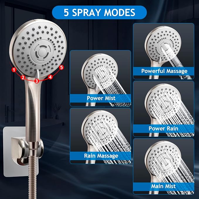 Shower Head Combo(Brushed Nickel),10'' High Pressure Rain Shower Head with 11'' Adjustable Extension Arm and 5 Settings Handheld,Powerful Shower Spray Against Low Pressure Water