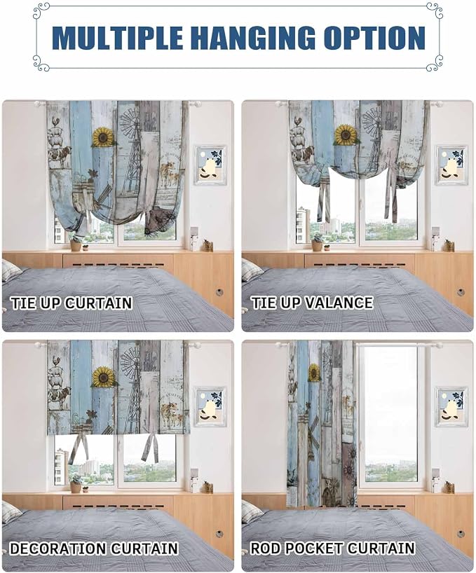 Tie Up Curtains for Windows, Farmhouse Barn Sunflowers Retro Thermal Insulated - Image 5
