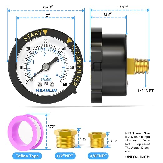 MEANLIN MEASURE 0~60Psi 1/4" NPT Start and Clean Filter Pressure Gauge - Image 2