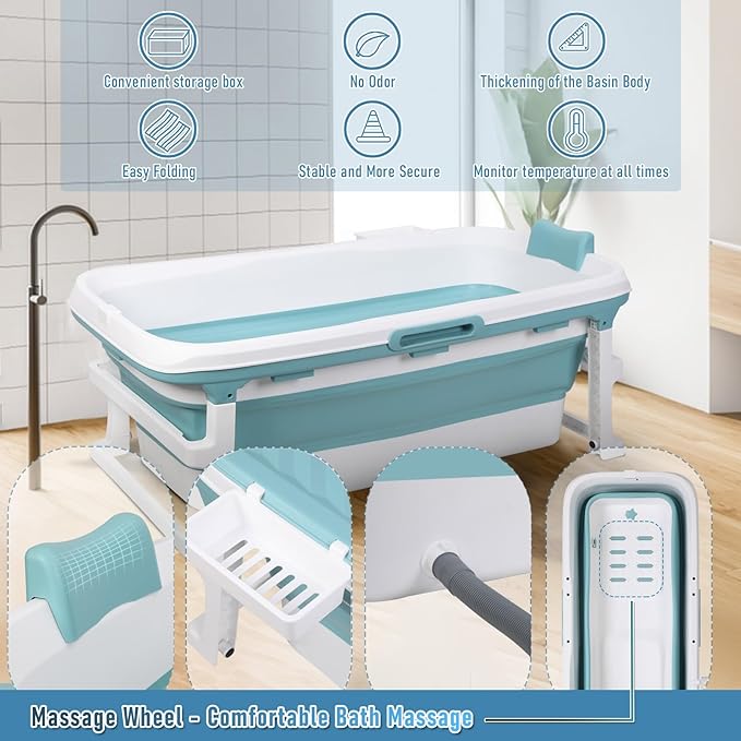 Portable Folding Bathtub for Adults, 51" Foldable Soaking Tub with Thermal Cover & Massage Roller, Large Collapsible Bathtub Freestanding, Ice Bath Tubs for Cold Plunge Spa Home Camping Trave
