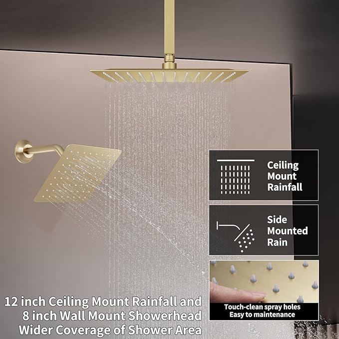 Thermostatic Shower System Brushed Gold Shower Faucet Set, Four Modes Shower Faucet with 4 PCS Body Jet, Handheld Spray, Ceiling Mount 12 inch Shower Head with 8 inch Wall Mount Shower Head