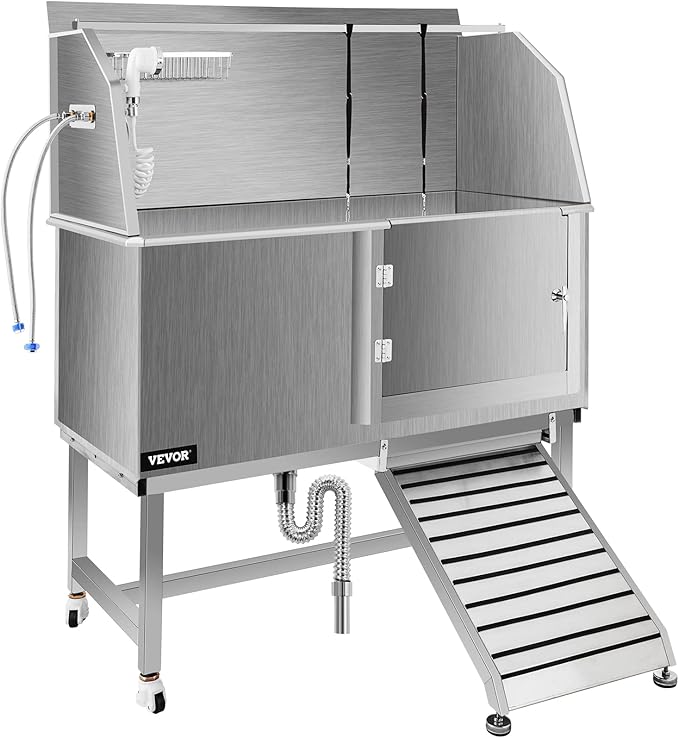 VEVOR Dog Grooming Tub, 50" Right Door Pet Wash Station, Professional Stainless Steel Tub Rated 330LBS Load Capacity, Non-Skid Dog Washing Station Comes with Ramp, Faucet, Sprayer and Drain Kit
