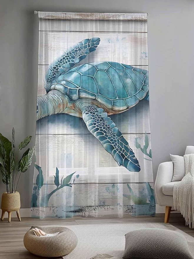 Sheer Curtains 84 Inches Long, Teal Green Sea Turtle Semi Sheer Curtains Light - Image 2
