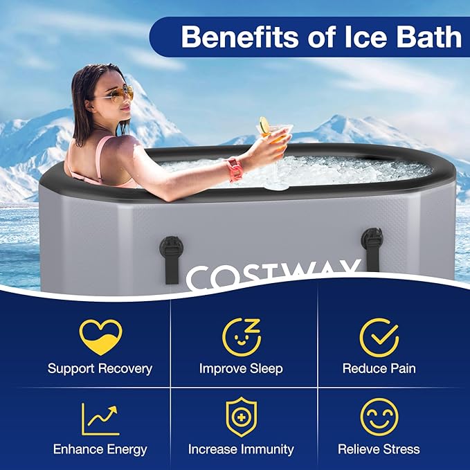 COSTWAY XL 129 Gal Oval Ice Bath Tub with Cover, Portable Outdoor Inflatable Cold Plunge Tub with Backpack, Pump, for Cold and Therapy, Compatible with Water Chillers, Grey
