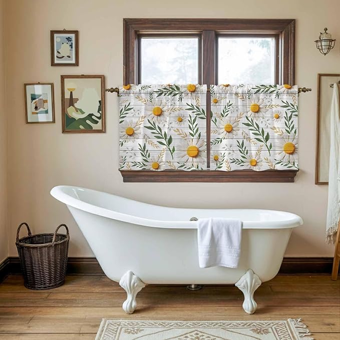 Spring Daisy Tier Curtains, Farmhouse Country Flower Leaf Plant Wood Grain - Image 5