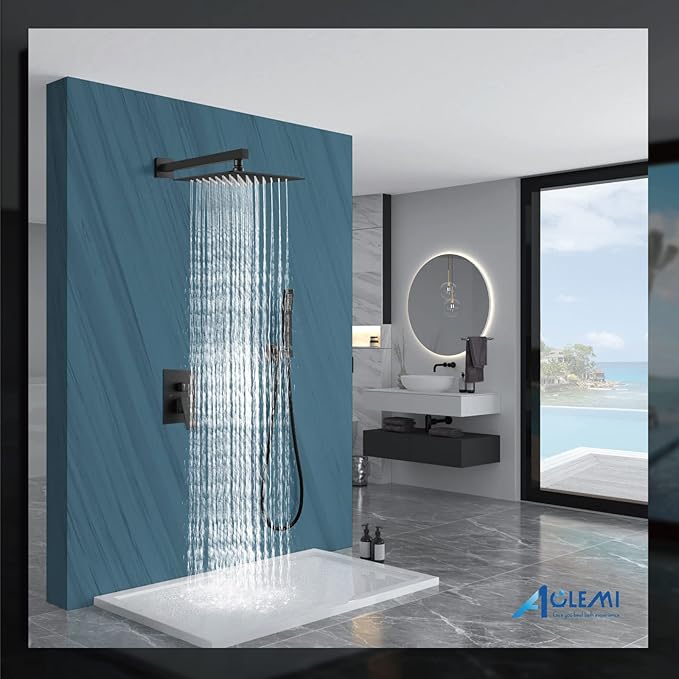 Aolemi Shower Faucet Set Rain Shower System with Handheld Spray Bathroom Shower Combo Rough-in Valve and Shower Trim Kit Included Matte Black 10 Inch Wall Mount Shower Head