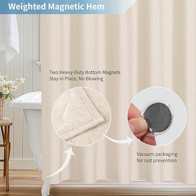 2-in-1 Waterproof Extra Long Fabric Shower Curtain or Liner,Linen Textured,84 Inch Breathable TPU & Washable Bathroom Shower Curtain Set with 12 Plastic Hooks,Modern,72"x84" Cream