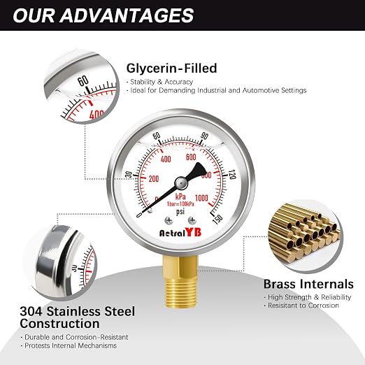 0-150 PSI Pressure Gauge, Liquid-Filled, Stainless Steel Case, Brass Internals - Image 3
