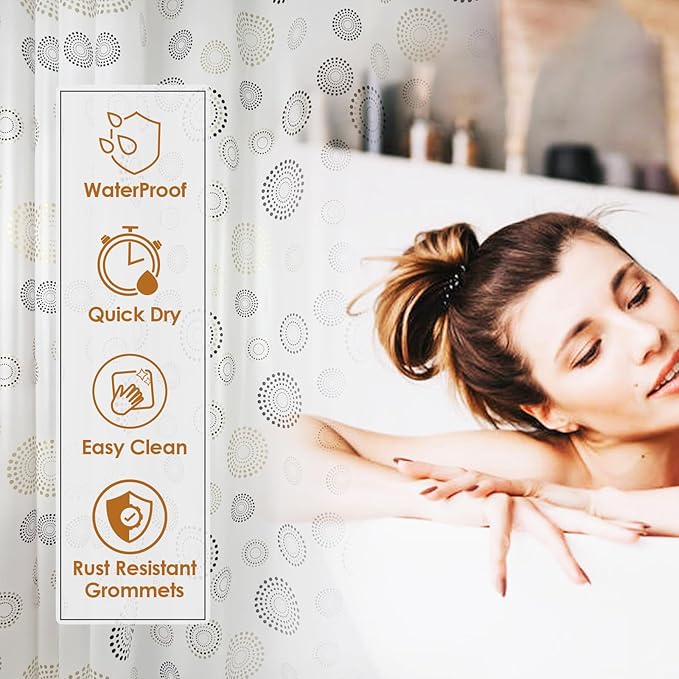 Plastic Shower Curtain Liner, Waterproof Printed PEVA Shower Curtain with Design, Gold Dots Pattern, Rustproof Grommets, Standard Size 70x72 Bathtub Curtain for Bathroom (Pack of 1)