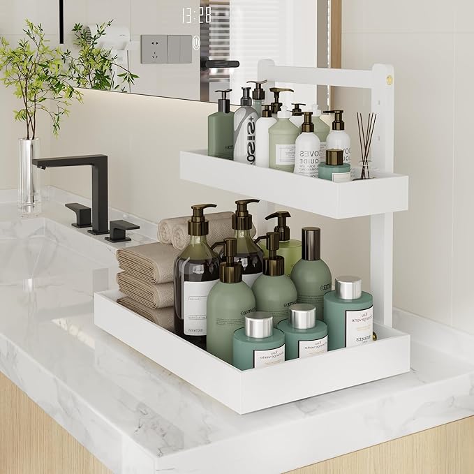 Bamboo Under Sink Organizer and Storage, 2 Tier Pull Out Cabinet Organizer, Slide Out Under Sink Storage Shelf, Undersink Organizers Shelves for Kitchen Bathroom Organization (White, 1 Pack)