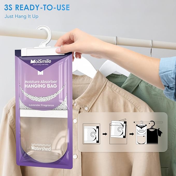 Moisture Absorbers 10 Pack Lavender Fragrance, Hanging Closet Dehumidifier Bags, Humidity Absorber, Compact Eliminates Odors Humidity Packs for Car, Bathroom, Bedroom, Basement, 9.8OZ