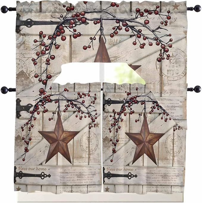 Village Stars Swag Kitchen Curtains Valance and Tier Set, Vintage Rust Yellow - Image 7