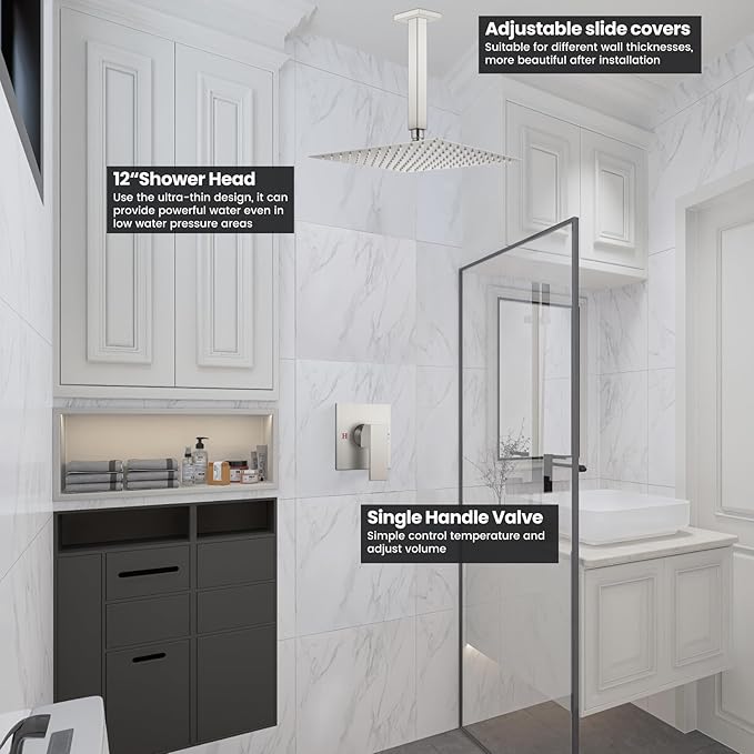 Airuida Shower Faucet Set and Handle Set Single Function Shower Trim Kit Ceiling Mount Rainfall Shower System with Male Threads and Rough-in Valve 12 Inch Square Shower Head Brushed Nickel