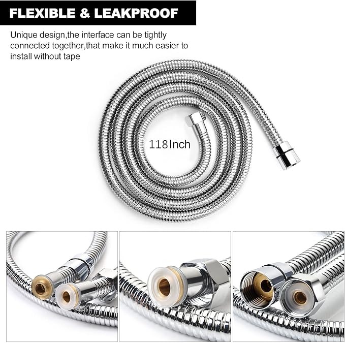 Shower Hose Extra Long 118 Inches Brushed Chrome Handheld Shower Head Hose with Brass Insert and Nut - Lightweight and Flexible