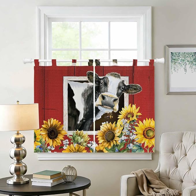 Cows Sunflowers Bedroom Curtains 63 Inch Length, Window Curtains Tab Top - Image 2