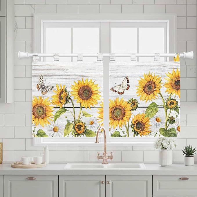 Yellow Sunflowers Kitchen Curtains 36 Inch Length, Small Window Curtains Tab Top - Image 3