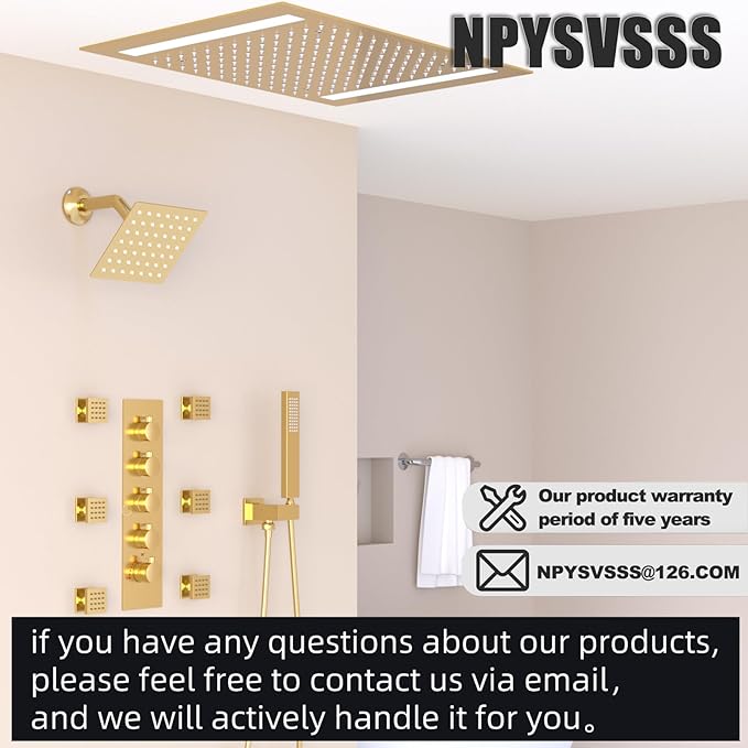 Thermostatic Shower System with 14x20 Inch Ceiling Mount LED Head & 6 Inch Wall Head and Handheld Shower 4 Function Vale with body jets Can All Run Together,Brushed Gold