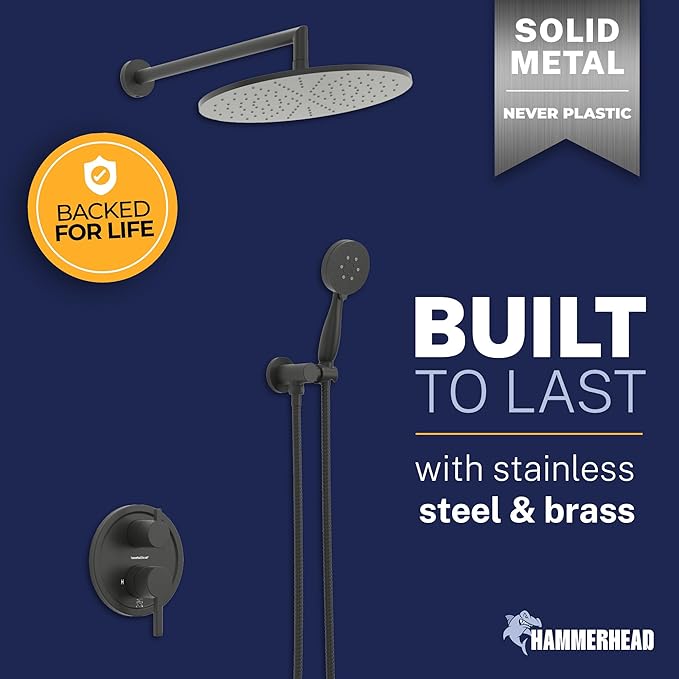 HammerHead Solid Metal Rain Shower System Set with Handheld and 10" Rainfall Head, Shower Valve and Trim Kit, 2-Handle Shower Faucet Set with 2 Way Diverter Body – Matte Black