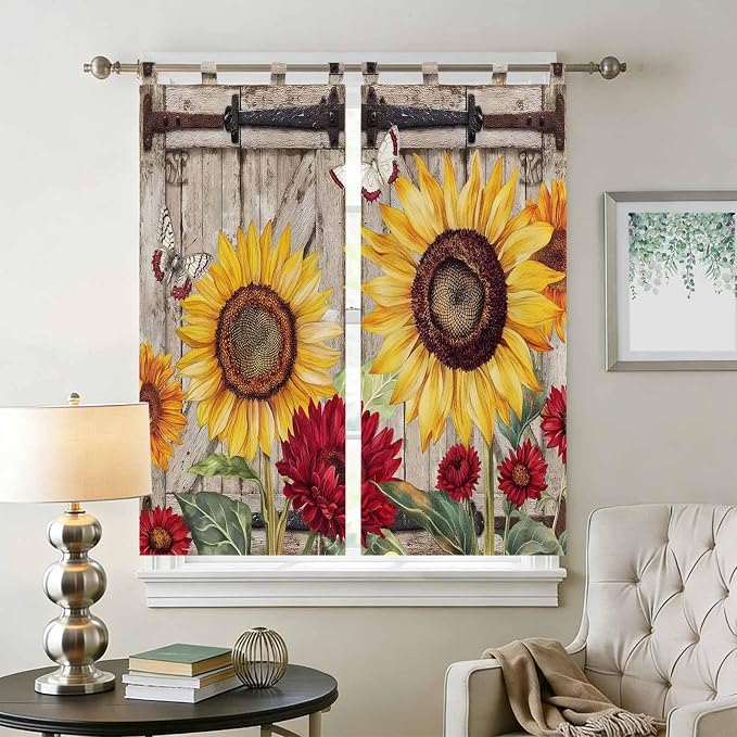Sunflowers Bathroom Curtains 63 Inch Length, Window Curtains Tab Top, Retro - Image 2