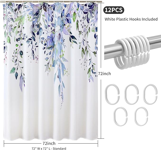 Colorful Star Green Eucalyptus Waterproof Shower Curtain Set with Hooks, Minimalist Watercolor Floral Print Bathroom Décor, Plant Leaves Washable Fabric Shower Curtain, 72 x 72 Inch