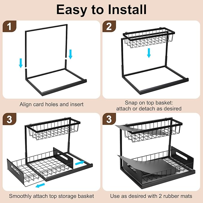 Under Sink Organizer Pull Out Kitchen Sink Organizer, 2 Tier L-Shape Bathroom Organizers and Storage with Sliding Drawer for Kitchen Bathroom Pantry (Black, 1 Pack)