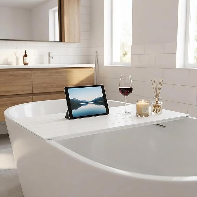 Bathtub Cover 70.8" x 31.5" Folding PVC Bathtub Cover Adjustable Anti-dust Shutter Bath Lid Insulation Bathtub Tray for Most Tubs in Home, Bathroom, Spa (White)