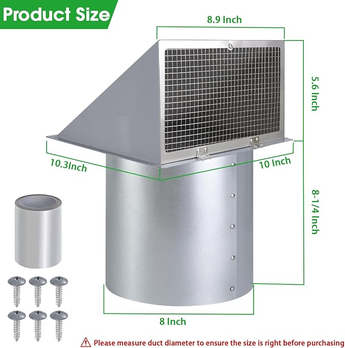 8 inch Hooded Wall Vent with Screen and Damper, Wall Vent Cover Exhaust Vent - Image 2