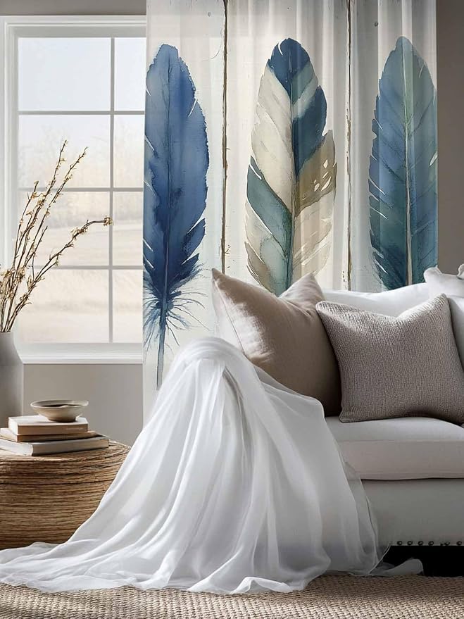 Sheer Curtains 72 Inches Long, Boho Blue Feathers Semi Sheer Curtains Light - Image 4