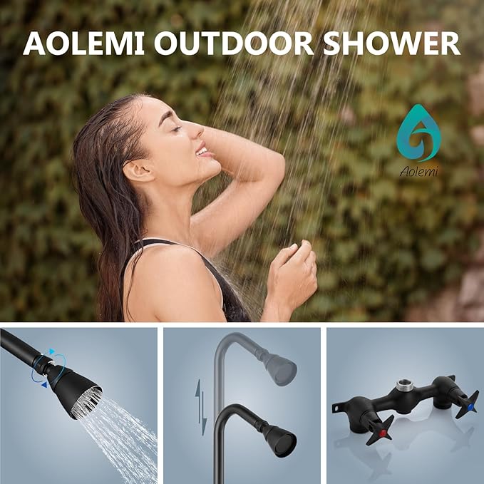 Aolemi Outdoor Shower Kit Fixtures Faucet System Double Handle Exposed Shower with Brass Mix Valve and Height-Adjustable Shower Pipe 6 Inch Center with Showerhead Matte Black
