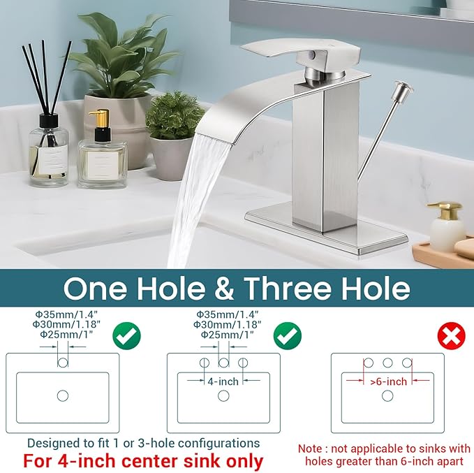 Bathroom Faucets with Lift Rod Drain Brushed Nickel Waterfall Bathroom Sink Faucet Modern Single Handle Bathroom Faucet for 1 or 3 Hole Mxier Tap Washbasin Faucet with Deck