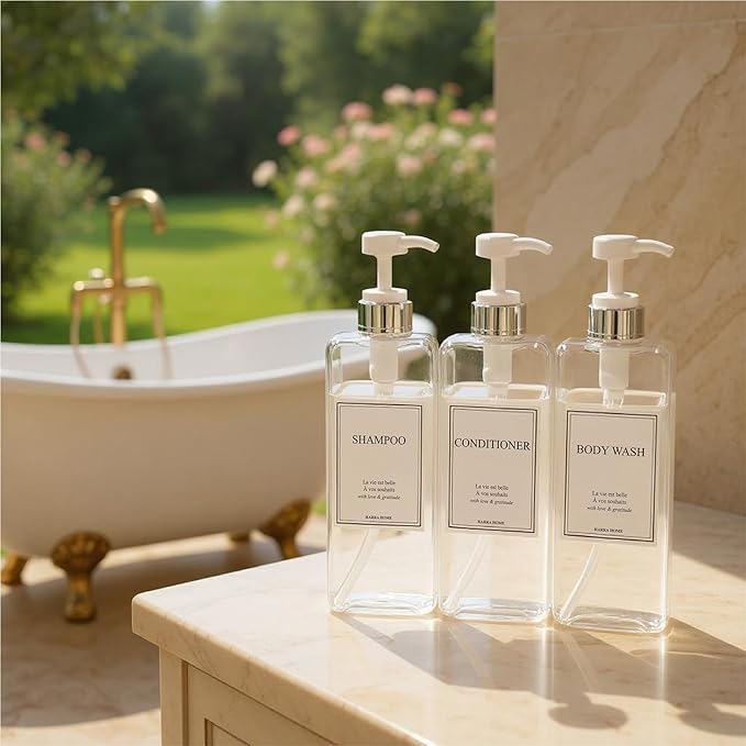 Modern Design Shampoo and Conditioner Dispenser, Large 27oz Shower Soap Dispenser, Set of 3 Refillable Empty Plastic Pump Bottles for Bathroom, 6 Waterproof Labels Included, (Clear & Silver)