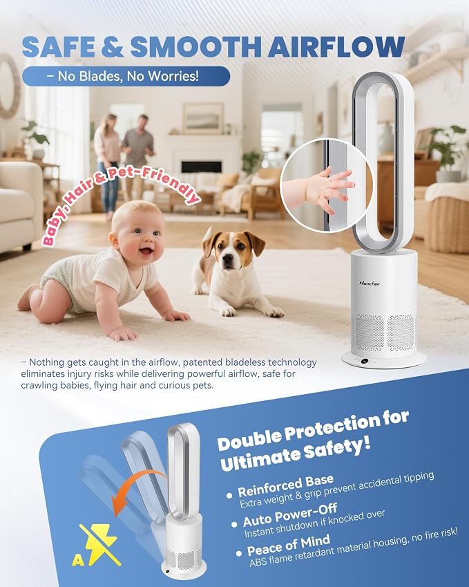 Hanchen Dual-Tech Bladeless Tower HEPA Fan, Ultra-Quiet 3-in-1 Cooling - Image 5