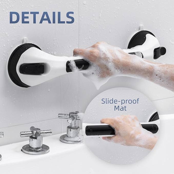 Shower Grab Bar Suction Cup 17 inch, Grab Bars for Bathtubs, Bathroom Safety Grip Shower Handle for Elderly and Seniors, Bath Handrails Removable & Reusable Waterproof, No Drilling, Black