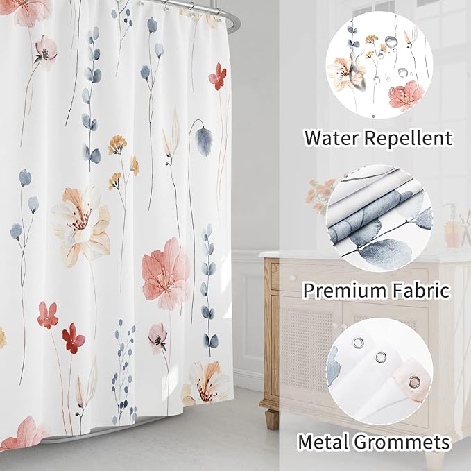 Gibelle Small Stall Shower Curtain 36 x 72, Narrow Half Watercolor Floral Fabric Shower Curtain, Coral Beige Flower Decorative Bathroom Shower Curtain Set