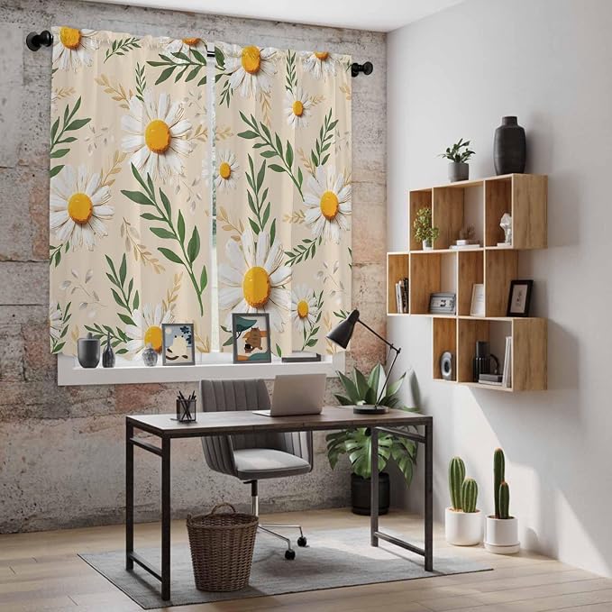 Spring Daisy Kitchen Curtains, Country Watercolor Flower Leaf Plant Light - Image 6