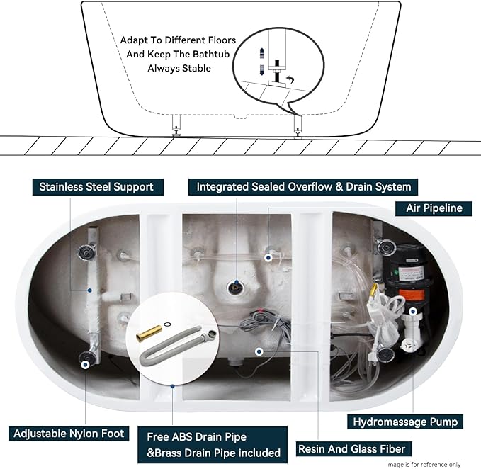 FerdY Mauritius 67 Inch Acrylic Freestanding Whirlpool Bathtub, Oval with 8 Water SPA Jets Morden White Stand Alone Jetted Tub, Luxury Acrylic Free Stand Deep Soaking Bath Tub with LED Light