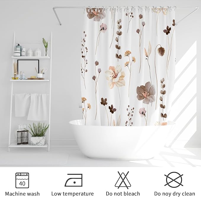 Gibelle Small Stall Shower Curtain 36 x 72, Narrow Half Watercolor Floral Fabric Shower Curtain, Brown Beige Flower Decorative Bathroom Shower Curtain Set