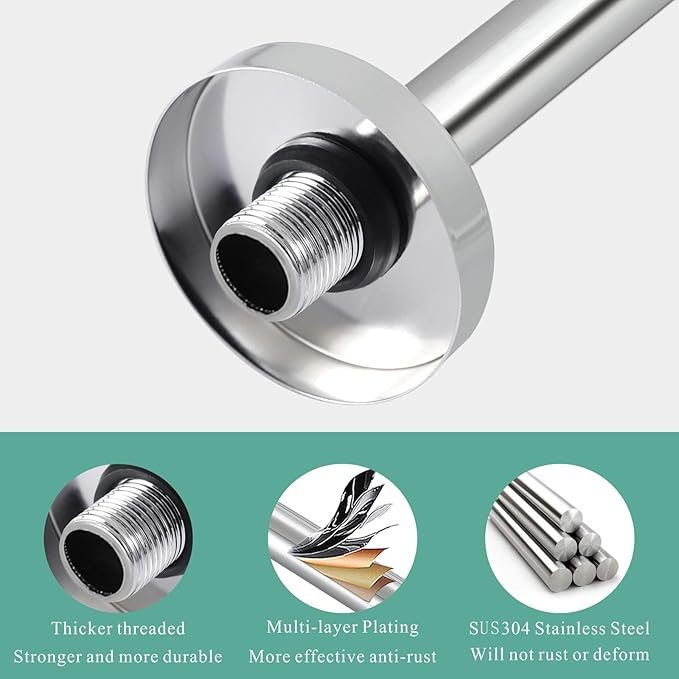 Voolan 15" Round Shower Arm with Flange and Teflon Tape, Extension Shower Head Arm for Bathroom Fixed Shower Head, Solid Stainless Steel, Wall Mounted (Chrome)