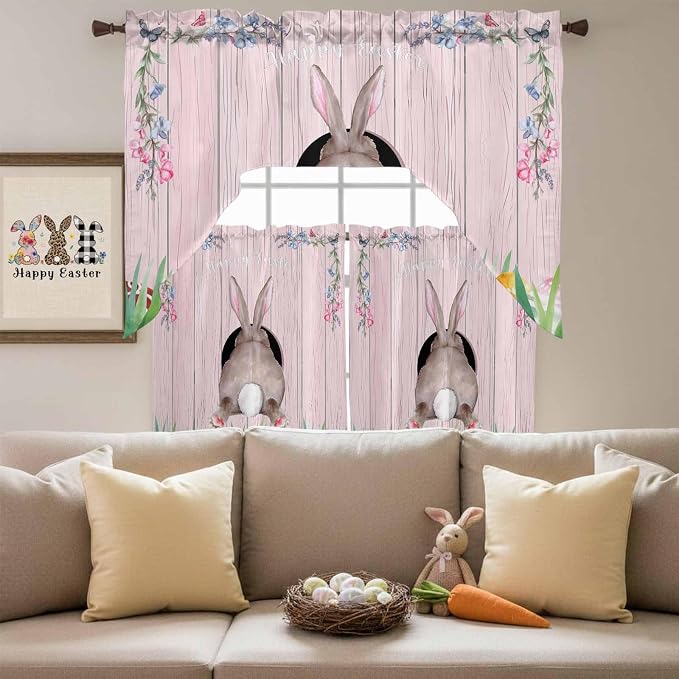Swag Valance Curtains, Easter Cute Rabbit and Colorful Eggs Rod Pocket Valances - Image 5
