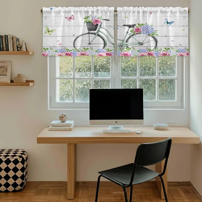 Spring Tier Curtains, Bicycles Botanical Rose Leaves Butterfly Wood Grain Light - Image 6