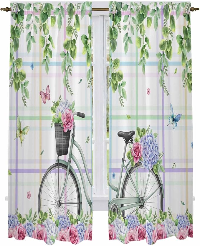 Spring Kitchen Curtains, Bicycles Botanical Leaves Rose Colorful Stripes Light by Unknown