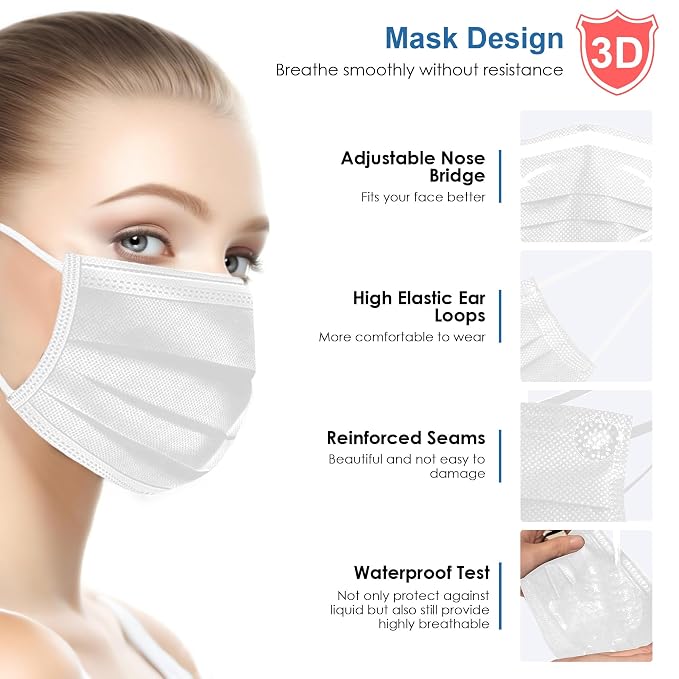 NNPCBT White Disposable Face Masks 125 Pack, 3-Ply Breathable Mask - Image 3