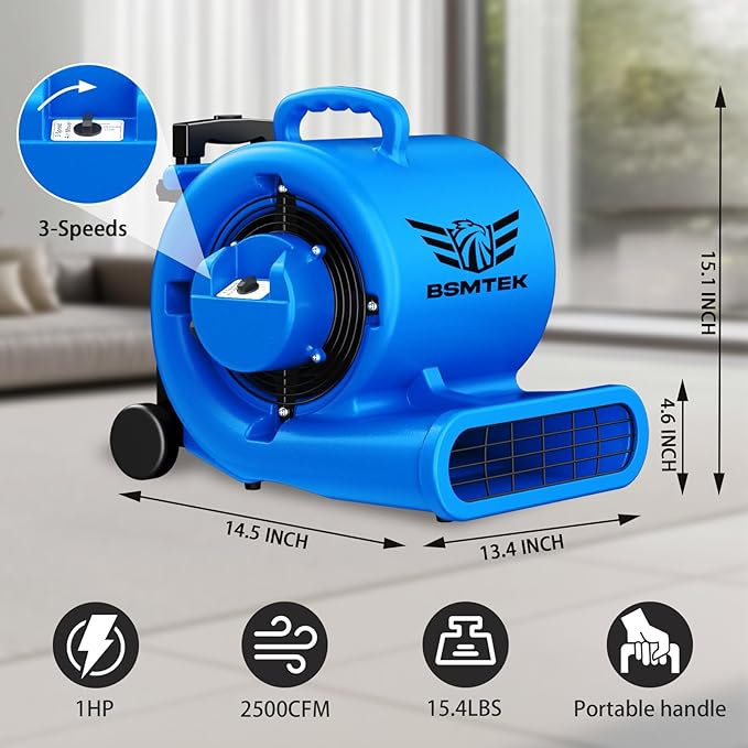 5000 CFM 1HP Air Mover Blower Fan, Floor Blower Dryer, 3 Speeds, 4 Adjustable - Image 2