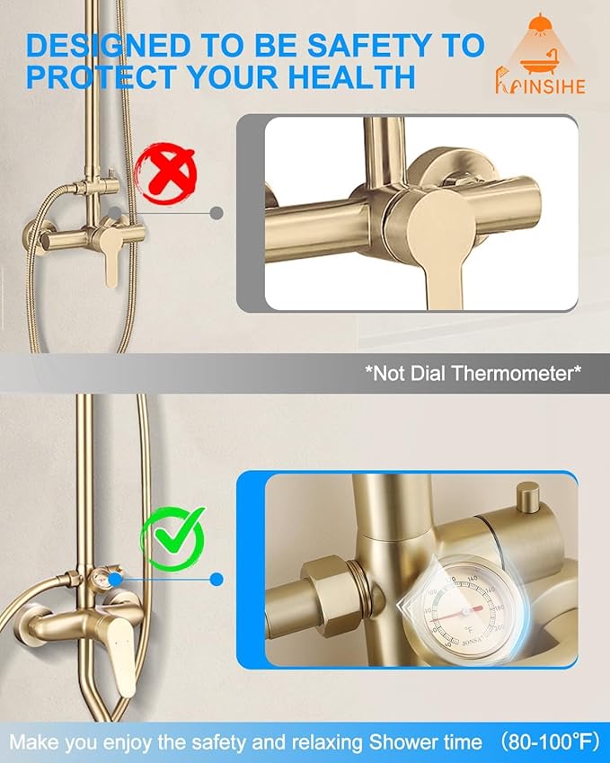 Outdoor Shower Kit Gold, Exposed Shower System with Tub Spout and 10'' Rainfall Shower Head, 3 Functions Handle Shower Faucet Sets with Dial Thermometer Brass Valve, Brushed Gold Finsh